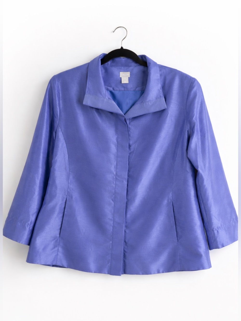 Chico's Periwinkle Blue Satin Jacket Size 3 (16/18) Open Front Lightweight Blaze